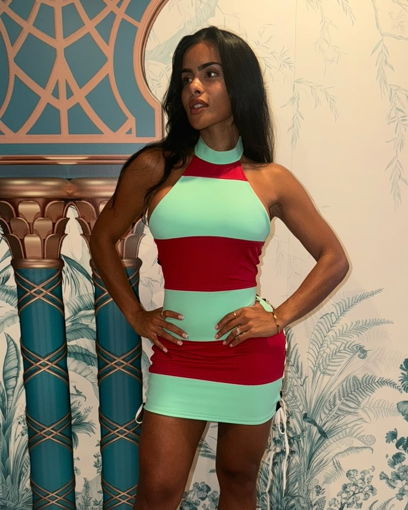 Seafoam/Red Lace-Up Mini Dress