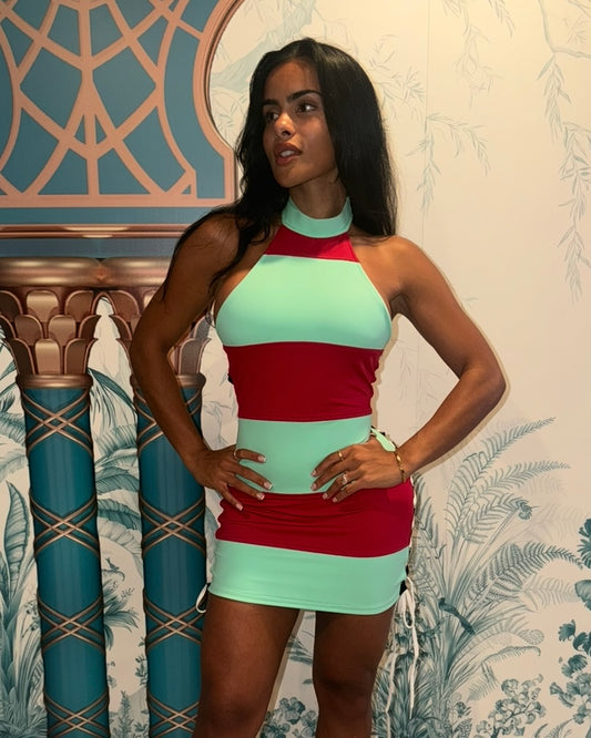 Seafoam/Red Lace-Up Mini Dress