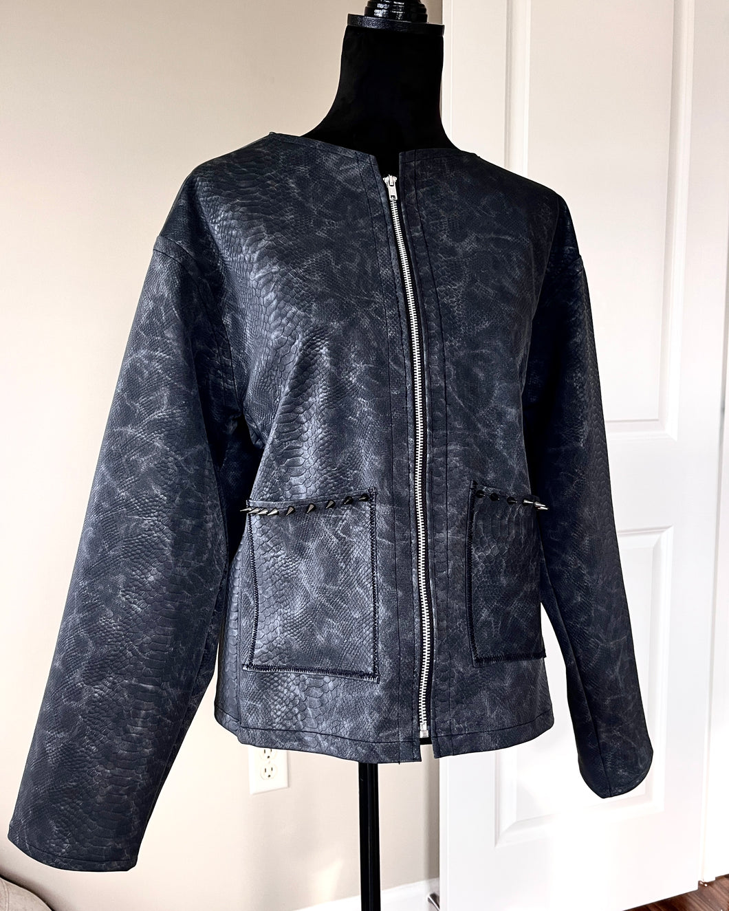 GRAY SNAKESKIN BIKER JACKET